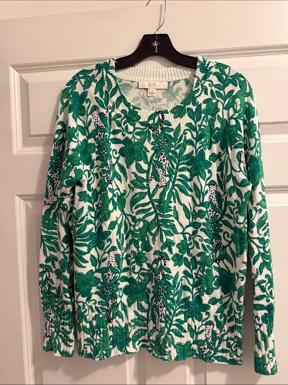 Lilly Pulitzer Green and White Floral Crewneck Sweater